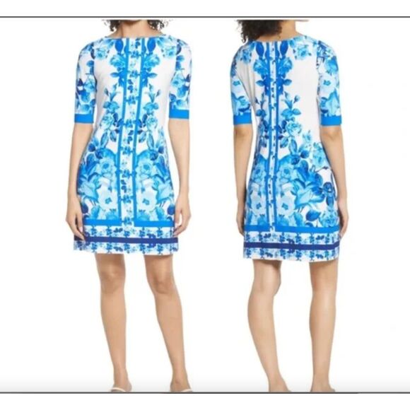 Eliza J Women’s Sheath Dress Blue Floral Knee Length 1/2 Sleeve Size 4 - Picture 1 of 9